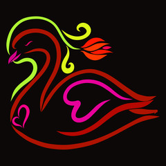 Beautiful swan with a flower and hearts on a black background