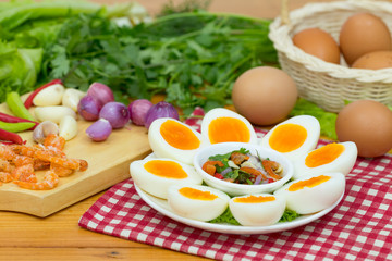 Boiled egg  with .ingredient of Thai chilli sauce