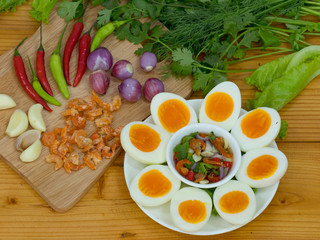 Boiled egg  with .ingredient of Thai chilli sauce