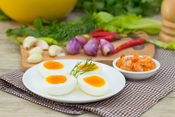 Boiled egg  with .ingredient of Thai chilli sauce