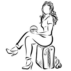 Beautiful girl with luggage and a hamburger in her hand