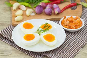 Boiled egg  with .ingredient of Thai chilli sauce