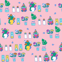 Hand draw flower in vase,Floral Seamless pattern