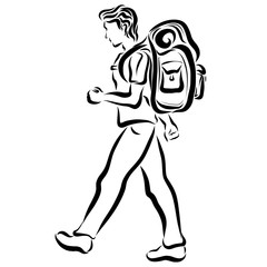 A young traveler with a large backpack, trekking