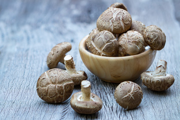 Shitake Mushrooms on wooden background