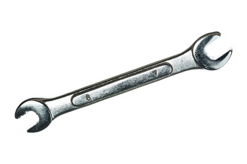 Old grungy wrench on white background. Isolated image of antiquare spanner.