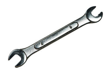 Old grungy wrench on white background. Isolated image of antiquare spanner.
