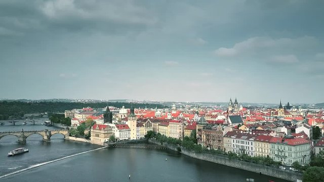 Establishing aerial shot of Prague involving Vltava riverbank, the Czech Republic