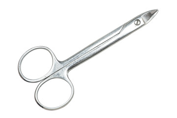 Crown scissors close-up on white background. Vertical-curved, high-durability. Isolated image of medical scissors. Vintage image of dental tool.