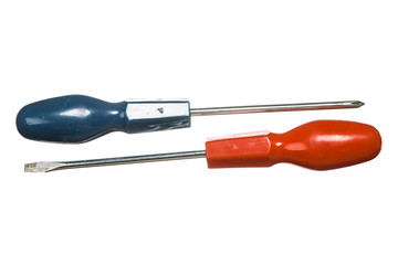 Isolated image of flat and cross screwdrivers. Flathead and crosshead screwdrivers on white...
