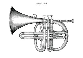 Vintage Cornet hand drawing engraving illustration,The classical music instrument