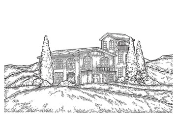 Hand drawn rural landscape with fields and vintage house. Vector illustration engraved