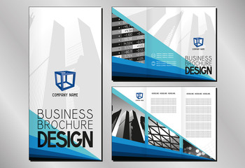 Business trifold brochure/ flyer template (A4 to DL format - 3 x 99x210 mm) - modern office buildings/ skyscrapers/ modern architecture/ financial data - blue graphics with triangles.