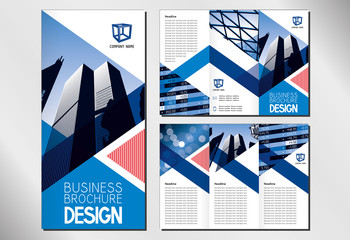 Business trifold brochure/ flyer template (A4 to DL format - 3 x 99x210 mm) - modern office buildings/ skyscrapers/ defocused background/ financial data - blue graphics with triangles.