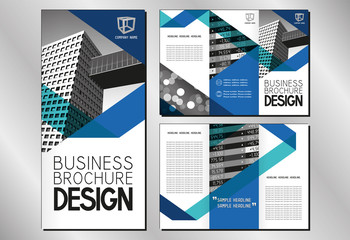 Business trifold brochure/ flyer template (A4 to DL format - 3 x 99x210 mm) - modern office buildings/ defocused background/ financial data - blue graphics with triangles.