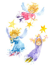 Bright Christmas angels. Lovely angels fly with stars in their hands. Watercolor angels. Christmas watercolor background.