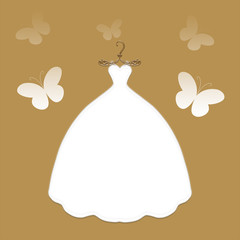 Lush wedding dress on a gold patterned hanger surrounded by butterflies from hearts