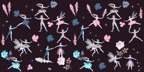 Cute cartoon little dancing fairy and elves with leaves of dandelion, sagebrush, viburnum, rose and cosmos flowers on black background.  Beautiful endless pattern, print for fabric, paper, wallpaper.