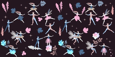 Fototapeta premium Cute cartoon little dancing fairy and elves with leaves of dandelion, sagebrush, viburnum, rose and cosmos flowers on black background. Beautiful endless pattern, print for fabric, paper, wallpaper.