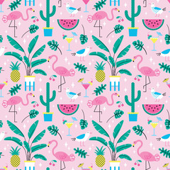 Naklejka premium Seamless summer tropical pattern with cute flamingos and plants on pink background