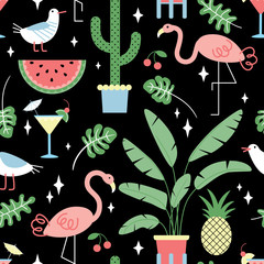 Naklejka premium Seamless summer tropical pattern with cute flamingos and plants on black background