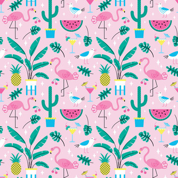 Seamless summer tropical pattern with cute flamingos and plants on pink background