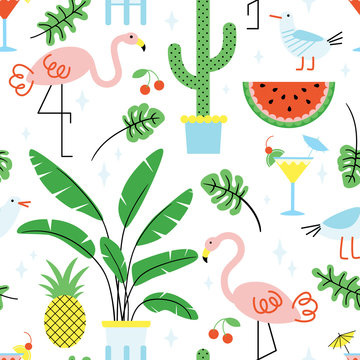 Seamless summer tropical pattern with cute flamingos and plants on white background