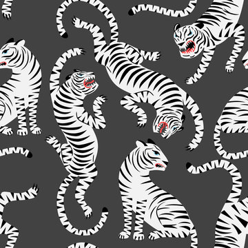 Seamless pattern with white tigers on dark background