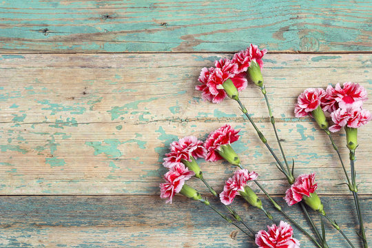 Fototapeta Carnations flowers on old wooden background with copy space. Top view.