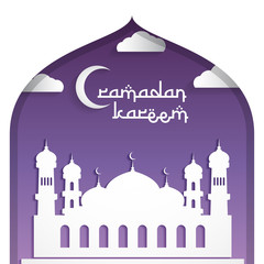 ramadan kareem greeting card background design, mosque and moon, purple color