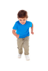 Beautiful little child three years old wearing blue t-shirt runing