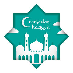 ramadan kareem greeting card green background design, mosque and moon