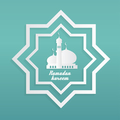 ramadan kareem greeting card design, paper art mosque green background