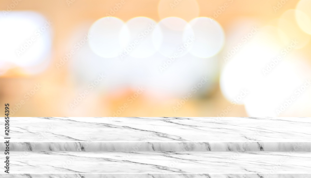 Aufkleber empty step marble table top food stand with blur cafe restaurant background bokeh light,mock up for 