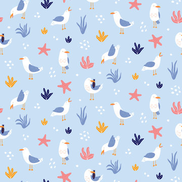 Colorful seamless pattern with seagulls in vector. Cute cartoon seagulls on a coast. Summer vacation. Good for print.