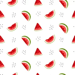 Fotobehang Watermeloen Helder naadloos patroon met watermeloenplakken en zaden. Vectorachtergrond. Kleurrijke zomerprint voor behang, backdrop, stof, etc.