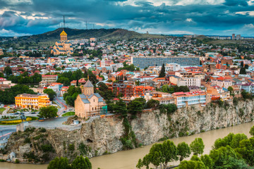 Tbilisi, Georgia. Scenic View Cityscape Of Summer Old Town. Metekhi Church