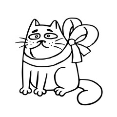 Cat with a bow-knot sitting angry. Vector illustration