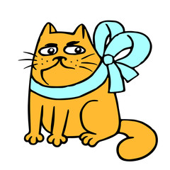 Grumpy cat with a bow sitting. Vector illustration.