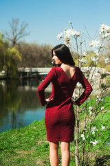  beautiful young brunette with long hair in a park on a spring in spring among flowering trees in a red dress in hands holds magnolia flowers