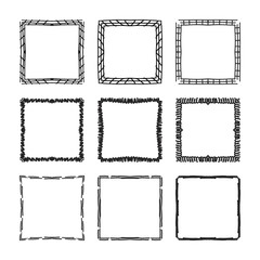 Set of hand drawn decorative square frames and borders. Mono line design templates, isolated on white