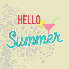 Hello summer mini poster. Typographic and handwritten text. Square illustration on sand background.