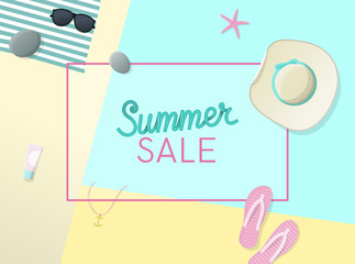 Summer sale handwritten lettering with sun hat, sunglasses, sea star, flip flips on the beach. Top view geometric style illustration.