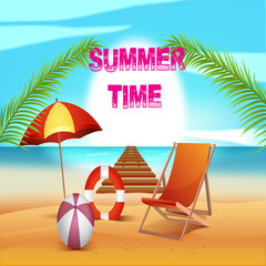 Summer Beach Vector Design in the Seashore with Beach Umbrella and Chair. Summer Background Vector Illustration for Beach Holidays