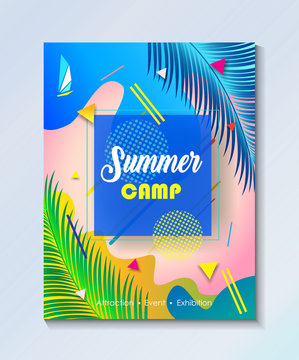 Hello Summer tropical abstract composition geometric dynamic colorful bubbles shapes modern bright sunset design template set. Festival, Carnival, Attraction, kids, sport, camp flyers travel concept