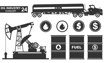 Set vector icons of petroleum and oil industry concept. Different silhouettes of gasoline truck, oil pump, barrel. Dollar and drops sign.