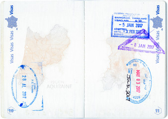 Stamps of Canada, United States and Thailand in a French passport
