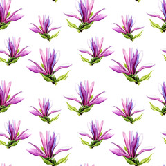 Seamless pattern of Magnolia flowers painted in watercolor.