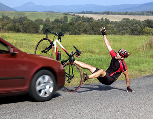 Accident cars with biker. Car collides cyclist on the road. Dangerous traffic on asphalt way on the...