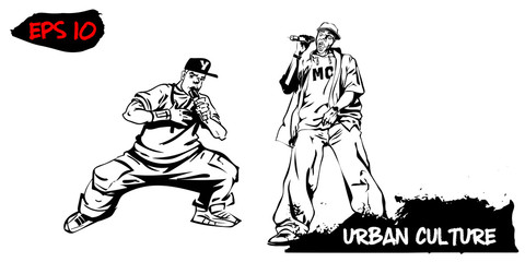 Illustration with representatives of Urban Culture. Two rappers with microphones isolated on white background. Extreme theme modern print.